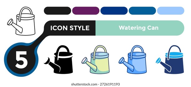 Watering Can icon represents routine plant care actions for gardening instruction visuals. Line, Filled, Color style.