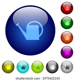 Watering can icons on round glass buttons in multiple colors. Arranged layer structure