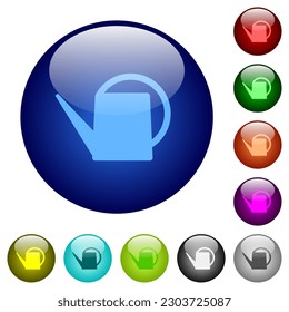 Watering can icons on round glass buttons in multiple colors. Arranged layer structure
