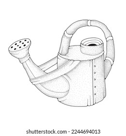 Watering can illustration, black and white, drawing, engraving, ink, vector