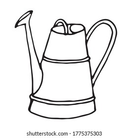 Watering can irrigate plants and garden work. Drawn a loop in a dowel style. Isolated drawing on white background. Vector.