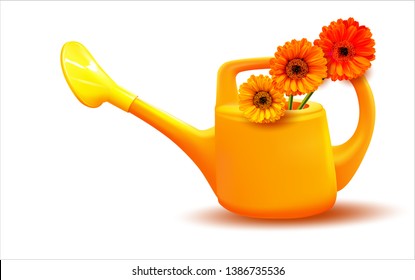 Watering can isolated on white background.Calendula.Garden flower Marigold.Vector image for the sale of garden tools and seedlings of flowers.