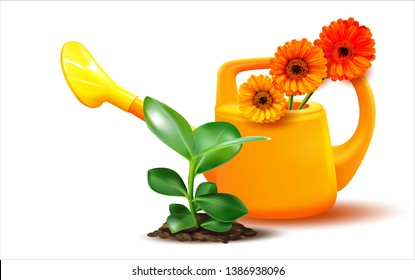 Watering can isolated on white background.Calendula.Garden flower Marigold.Vector image for the sale of garden tools and seedlings of flowers.