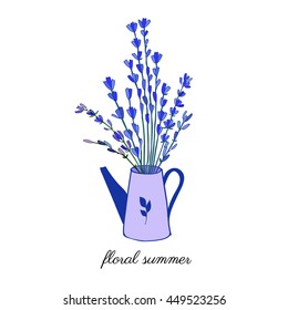 Watering can with lavender flower bouquet hand drawn vector doodle colorful sketch isolated on white, design gardening elements, for florist shop, wedding invitation, greeting card, package cosmetic