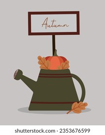 Watering Can with Leaves and Pumpkin and Banner Autumn