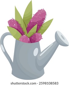 Watering can with lilac. Purple flowers. Spring, nature, gardening. Vector illustration for postcard, cover, poster, card.