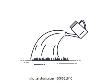 Watering can line illustration. Grass or lawn water. Thin line style. Black and white.
