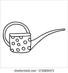Watering can long spout decorated with polka dots in doodle style. Hand drawn vector illustration in black ink isolated on white background.