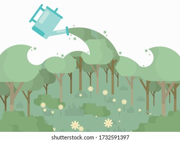 Watering can makes a garden corner bloom with its water.