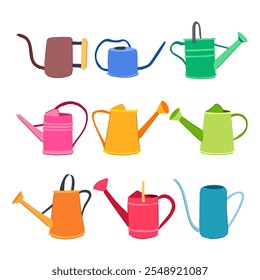 watering can metal set cartoon. plant flowers, outdoor tool, spout handle watering can metal sign. isolated symbol vector illustration