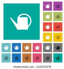 Watering can multi colored flat icons on plain square backgrounds. Included white and darker icon variations for hover or active effects.