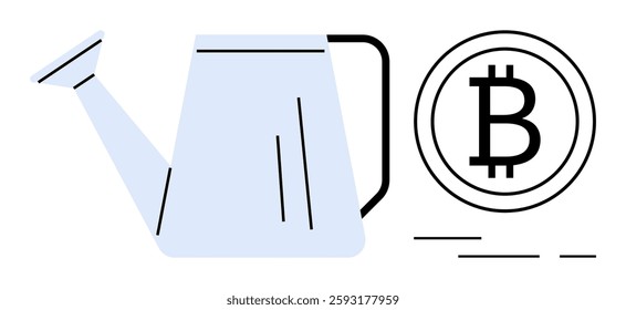 Watering can next to a Bitcoin symbol implying nurturing growth of cryptocurrency investments. Ideal for financial education, cryptocurrency promotions, blockchain technology, investment strategies