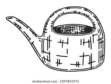 Watering can outline doodle. Sketch of gardening tool. Vector illustration in engraving style isolated on white.