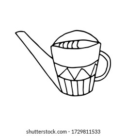 Watering can. Outline drawing by hand. Vector black and white image isolated on a white background.