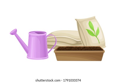 Watering Can and Pack with Synthetic Fertilizer for Soil and Plant Growth Vector Illustration