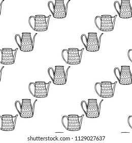  Watering can pattern in line art style on white background. Garden seamless background. Ethnic pattern. V Vector illustration. Decorative seamless garden pattern.
