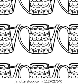  Watering can pattern in line art style on white background. Garden seamless background. Ethnic pattern. V Vector illustration. Decorative seamless garden pattern.