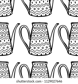  Watering can pattern in line art style on white background. Garden seamless background. Ethnic pattern. V Vector illustration. Decorative seamless garden pattern.