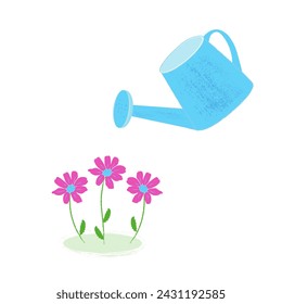 A watering can and pink flowers . Watering plants .Beautiful spring postcard .Gardening .Gardening .Gardening tools . Vector texture noise