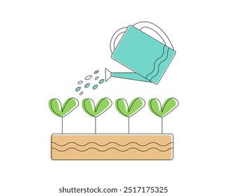 Watering can, watering a plant. Box with sprouts. Drops of water. The concept of agronomy, gardening, floriculture, Floristry. Drawings, vector illustrations.