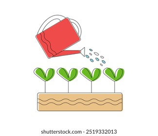 Watering can, watering a plant. Box with sprouts. Drops of water. The concept of agronomy, gardening, floriculture, Floristry. Drawings, vector illustrations.