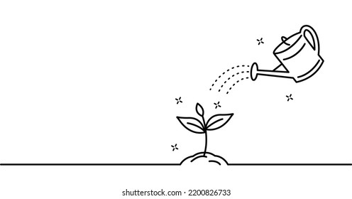 Watering can with plant. Concept of plant growth or business development. Thin black line icon. Outline trendy style. Vector illustration isolated on white.