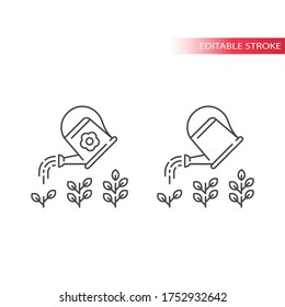 Watering can with plant, growth stages concept, business development thin line icon. Outline, editable stroke.