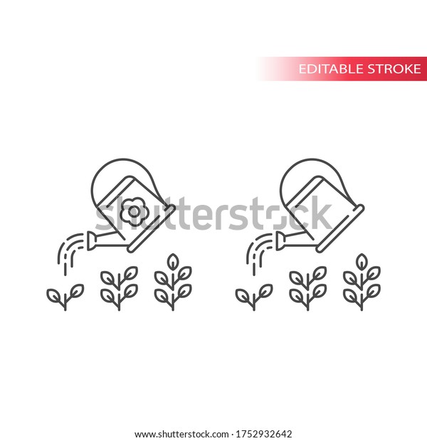 Watering can with\
plant, growth stages concept, business development thin line icon.\
Outline, editable\
stroke.