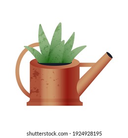 Watering Can with Plant. Modern Flat Vector Illustration. Gardening Concept. Social Media Template.