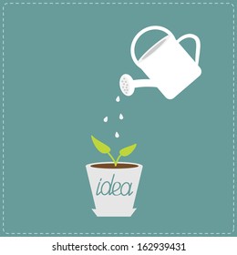 Watering can and plant in the pot. Growing idea concept. Vector illustration.