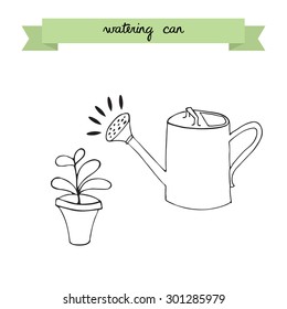 Watering can and plant in a pot. Growing idea concept. Hand drawn vector illustration.