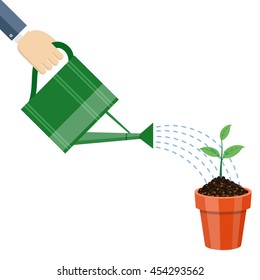 Watering can and plant in the pot. Growing idea concept. Vector illustration.