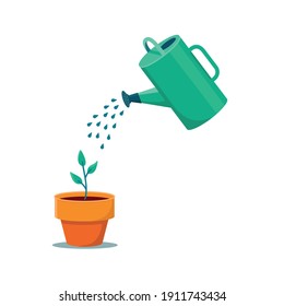 Watering can and plant in the pot. Vector illustration.