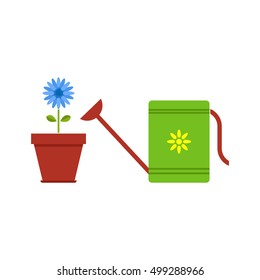 Watering can and plant in the pot. Vector illustration