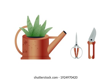 Watering Can with Plant. Scissors. Pruning Shears. Modern Flat Vector Illustration. Gardening Tools. Social Media Template.