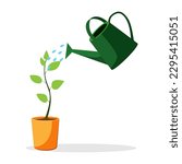Watering can with plant vector icon. flat design