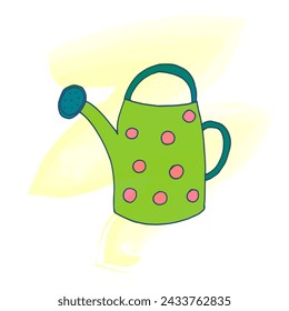 Watering can for watering plants, hand-drawn in doodle style. Isolated vector color illustration of gardening and vegetable gardening.