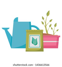 watering can plants soil tools decoration gardening flat design vector illustration