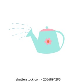 Watering can for watering plants. Vector objects in flat style. Flowers.