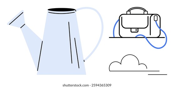 Watering can positioned on the left, briefcase on a shelf to the right, and a cloud below. Ideal for gardening, office life, outdoor activities, minimalist art, environmental themes, modern home