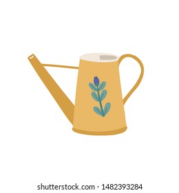 Watering can or pot decorated by cute flower isolated on white background. Simple gardening tool or agricultural implement used in horticulture and plant cultivation. Flat cartoon vector illustration.