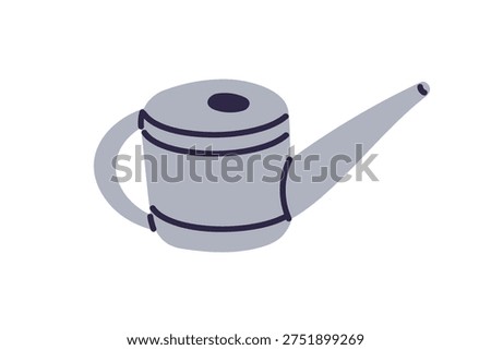 Watering can, pot. Garden tool, farming and horticulture container with nozzle. Metal equipment for irrigation, hydration. Agriculture accessory. Flat vector illustration isolated on white background