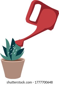 Agua y olla con una planta. Imagen condicionada de plantas de riego. Imagen aislada del vector.