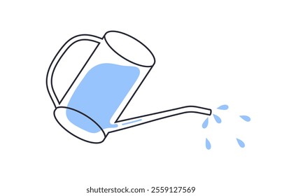 Watering can, pot pouring drops, sprinkles. Gardening tool with spout, nozzle for spraying shower. Farming equipment, sprinkler. Contoured flat vector illustration isolated on white background