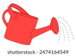 Watering can, pot sprinkling, pouring, spraying drops. Gardening sprinkler, shower for growing plants. Agriculture, horticulture tool. Flat vector illustration isolated on white background