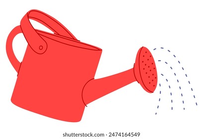 Watering can, pot sprinkling, pouring, spraying drops. Gardening sprinkler, shower for growing plants. Agriculture, horticulture tool. Flat vector illustration isolated on white background