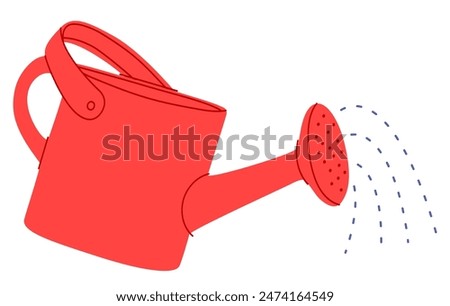 Watering can, pot sprinkling, pouring, spraying drops. Gardening sprinkler, shower for growing plants. Agriculture, horticulture tool. Flat vector illustration isolated on white background