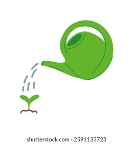 Watering can pouring seedling in flat cartoon design. Gardening tool for irrigation green plants, taking care about sapling in greenhouse. Agriculture, horticulture and farming. Vector illustration