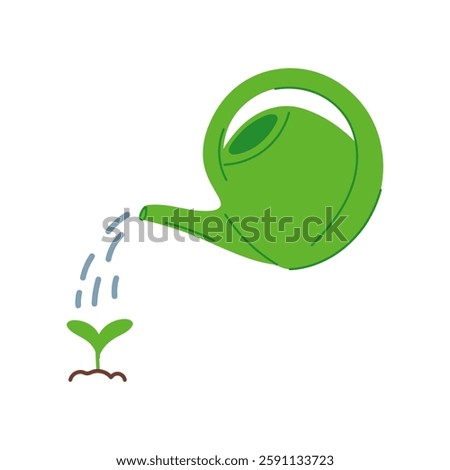 Watering can pouring seedling in flat cartoon design. Gardening tool for irrigation green plants, taking care about sapling in greenhouse. Agriculture, horticulture and farming. Vector illustration