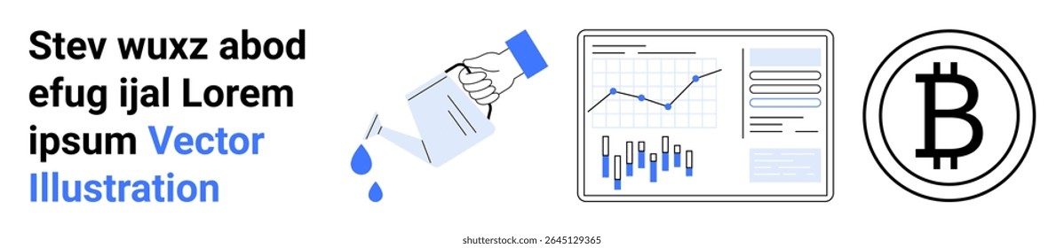Watering can pouring water, financial graph with data, Bitcoin symbol, and placeholder text. Ideal for finance, investments, growth, cryptocurrency, data analysis, business strategy, innovation